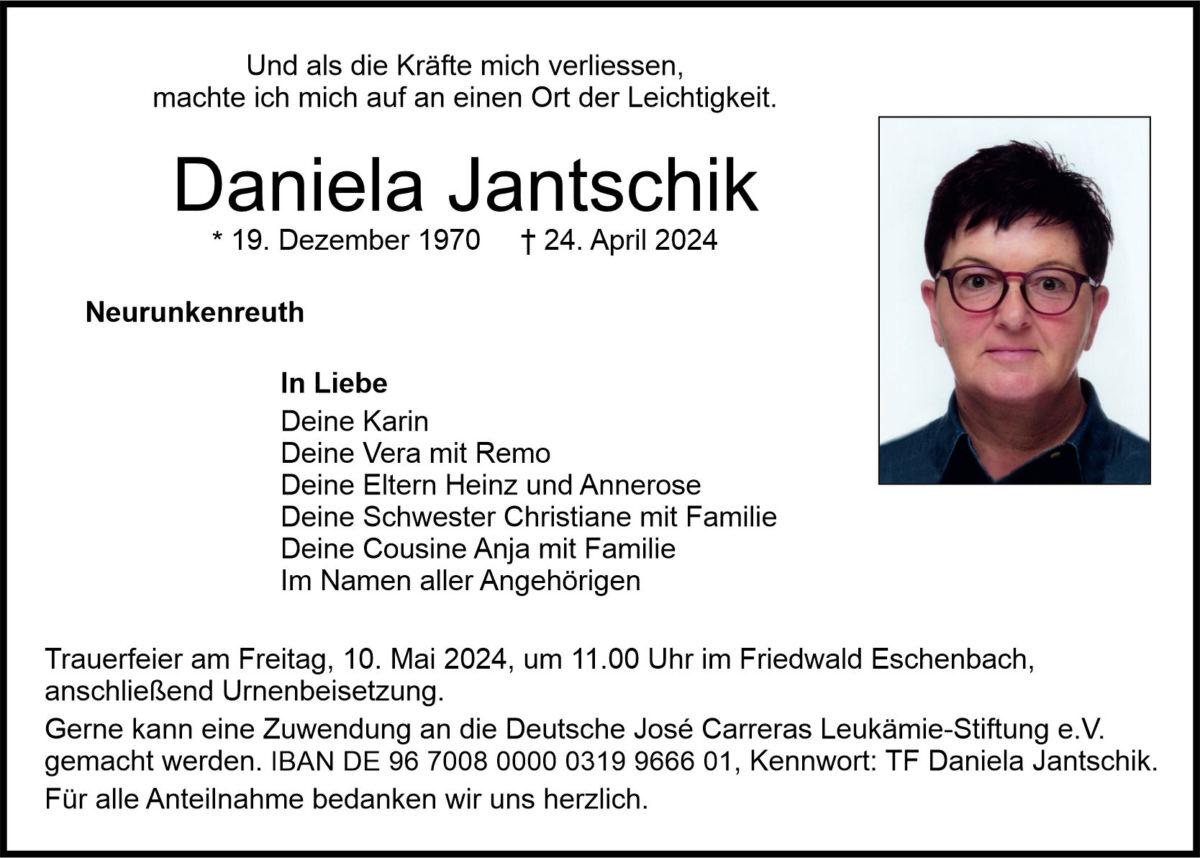 Traueranzeige Daniela Jantschik, Neurunkenreuth