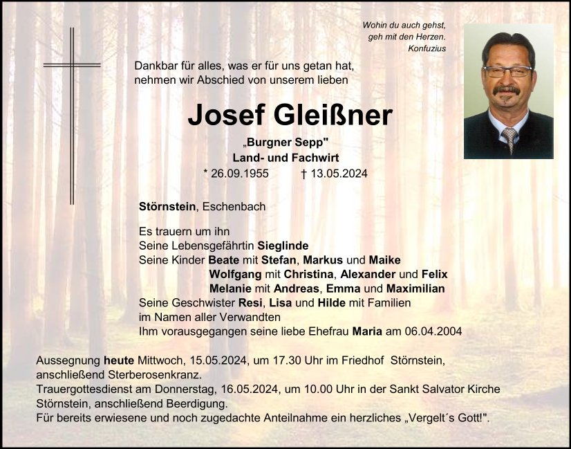 Traueranzeige Josef Gleißner, Störnsstein