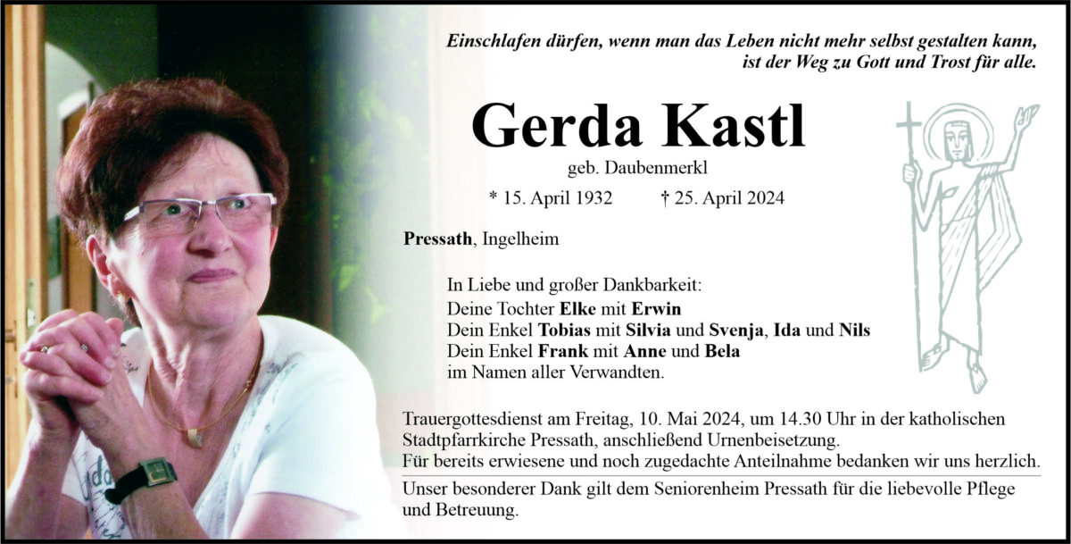 Traueranzeige Gerda Kastl, Pressath