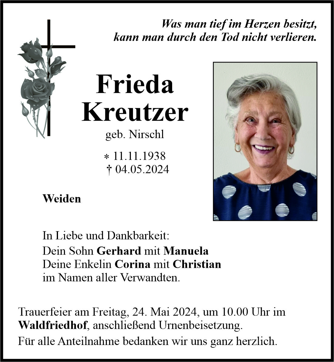 Traueranzeige Frieda Kreutzer, Weiden