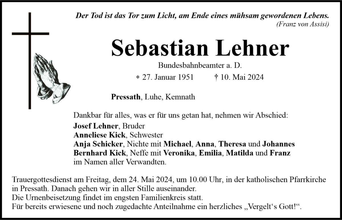 Traueranzeige Sebastian Lehner, Pressath