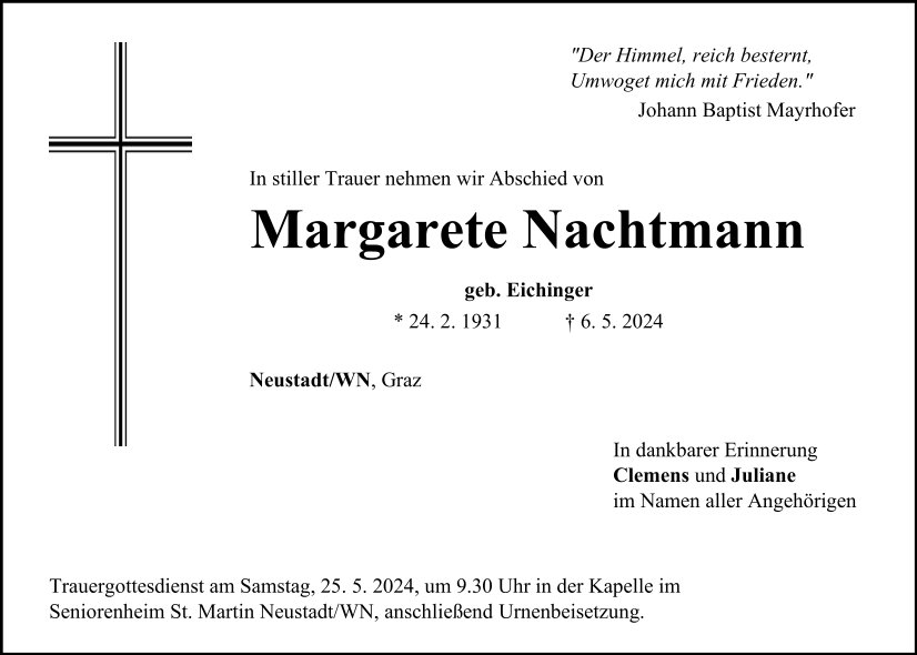 Traueranzeige Margarete Nachtmann, Neustadt/WN