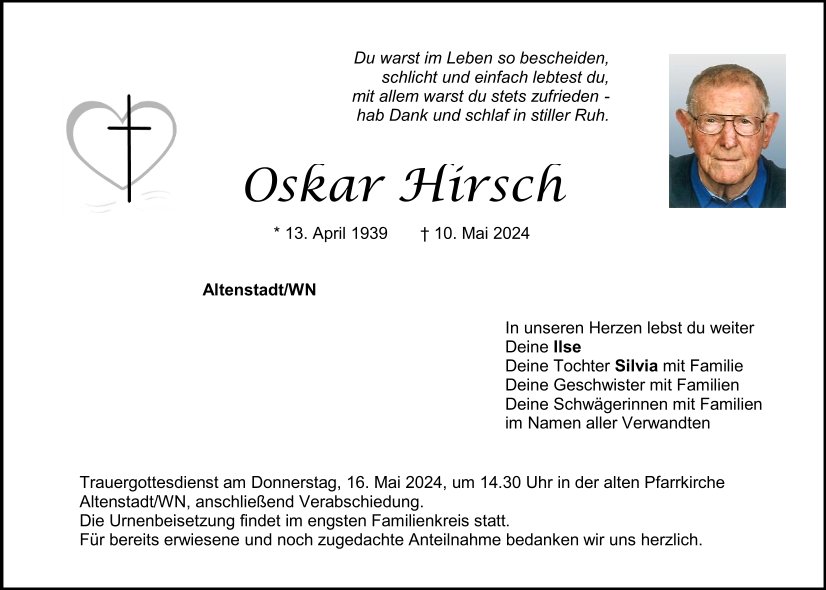 Traueranzeige Oskar Hirsch, Altenstadt/WN