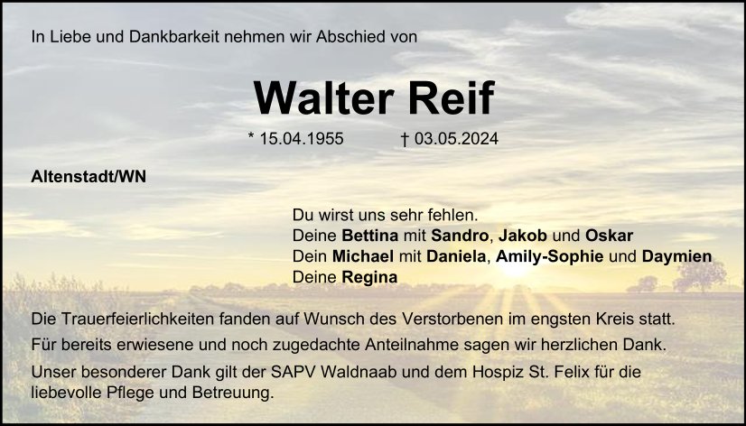 Traueranzeige Walter Reif, Altenstadt/WN