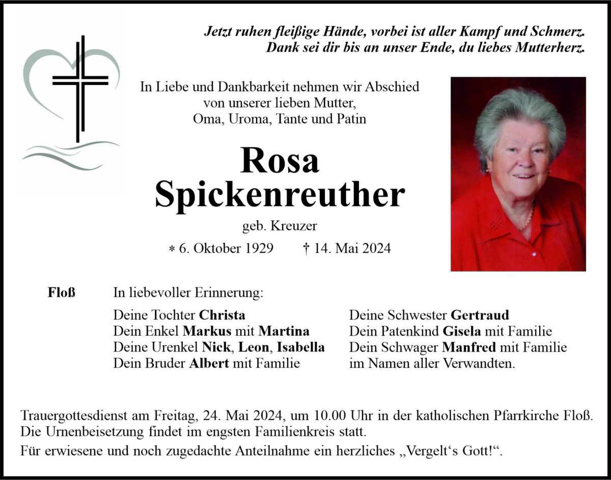Traueranzeige Rosa Spickenreuther, Floß