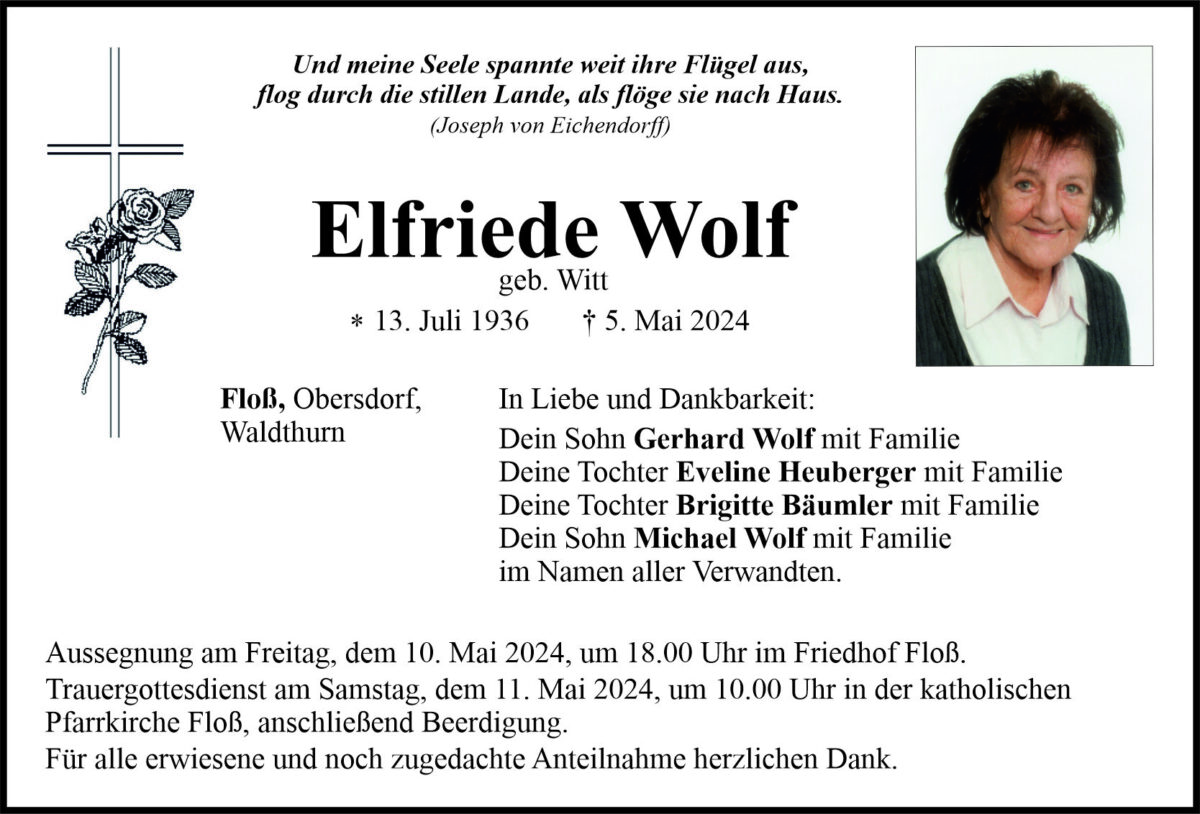 Traueranzeige Elfriede Wolf, Floß