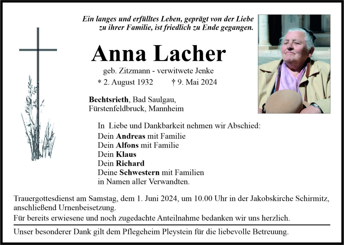 Traueranzeige Anna Lacher, Bechtsrieth