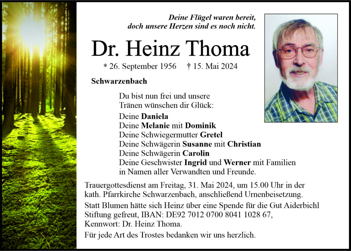Traueranzeige Dr. Heinz Thoma, Schwarzenbach