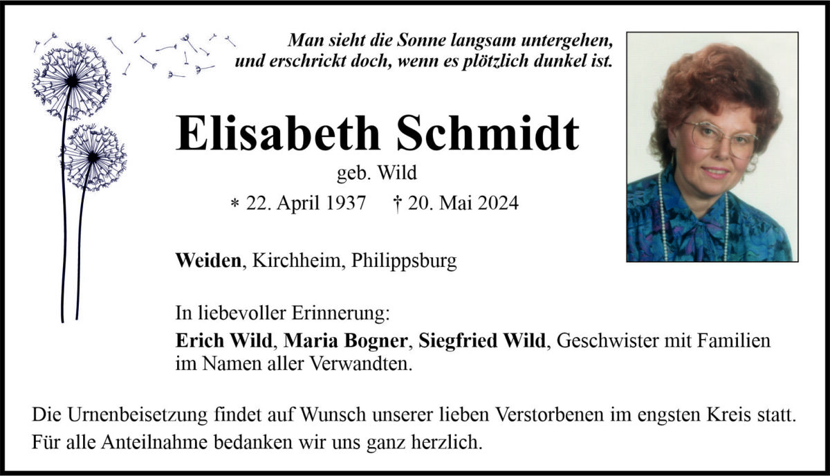 Traueranzeige Elisabeth Schmidt, Weiden