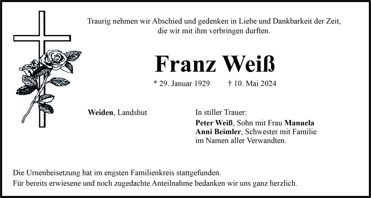 Traueranzeige Franz Weiß, Weiden
