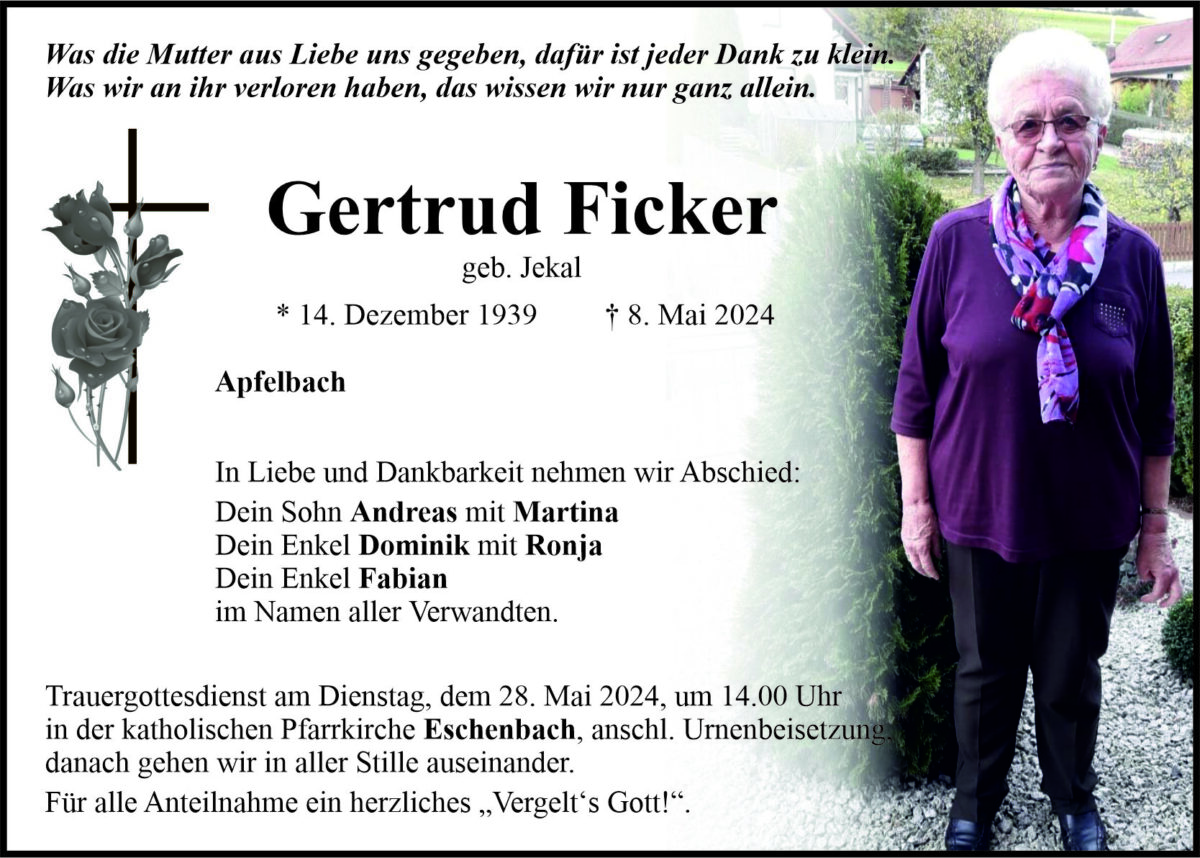 Traueranzeige Gertrud Ficker, Apfelbach