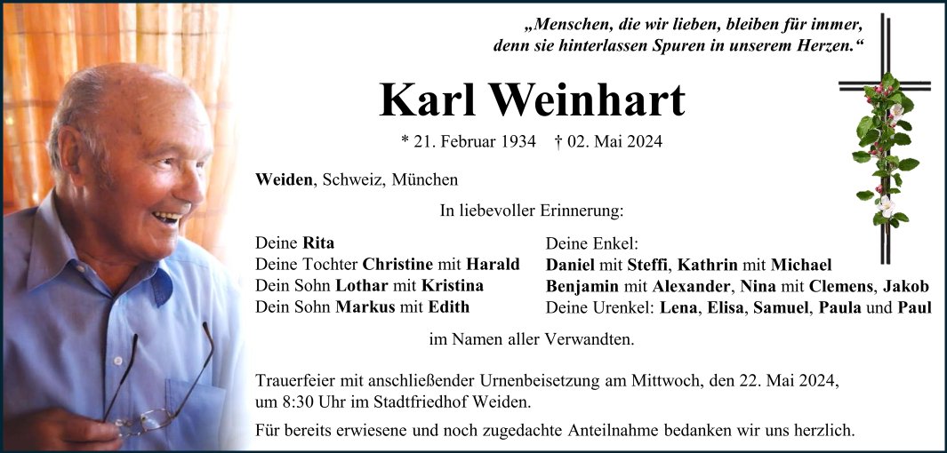 Traueranzeige Karl Weinhart, Weiden