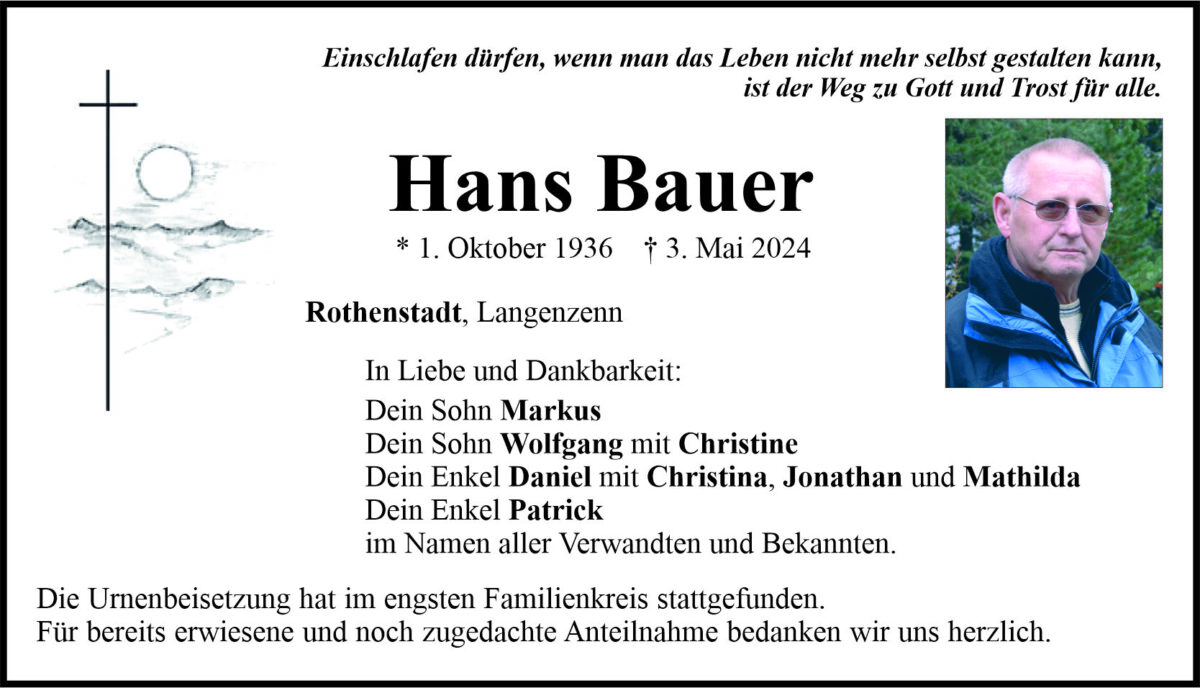 Traueranzeige Hans Bauer, Rothenstadt