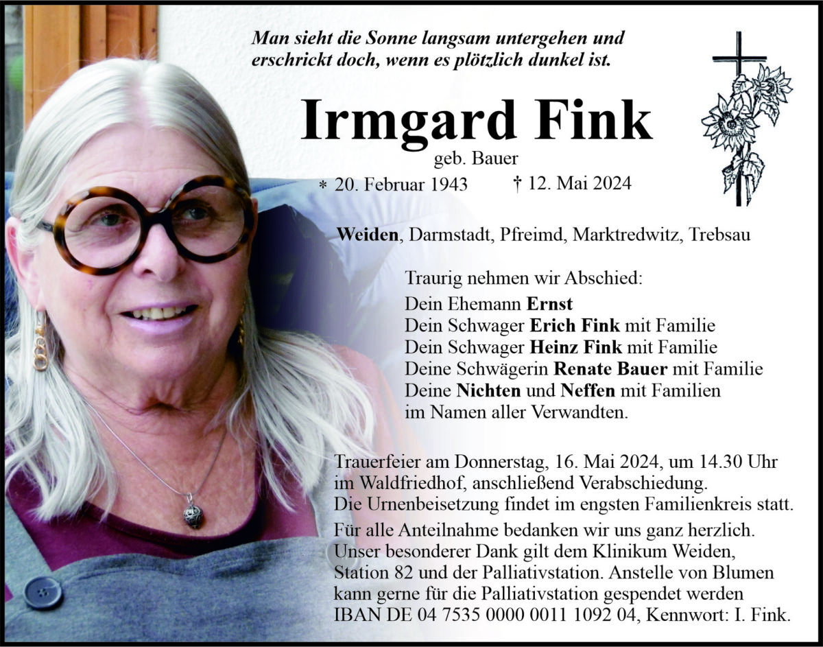 Traueranzeige Irmgard Fink, Weiden