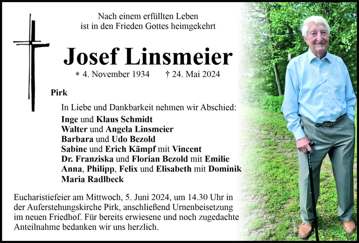 Traueranzeige Josef Linsmeier, Pirk