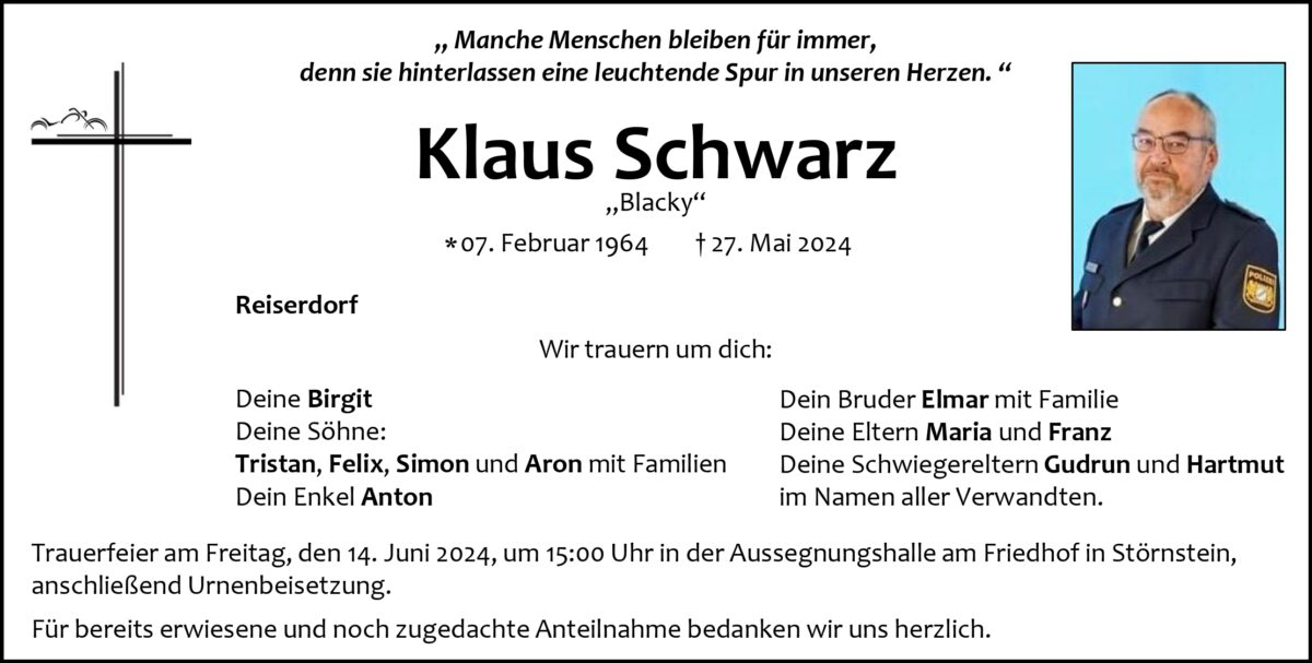 Traueranzeige Klaus Schwarz, Reiserdorf