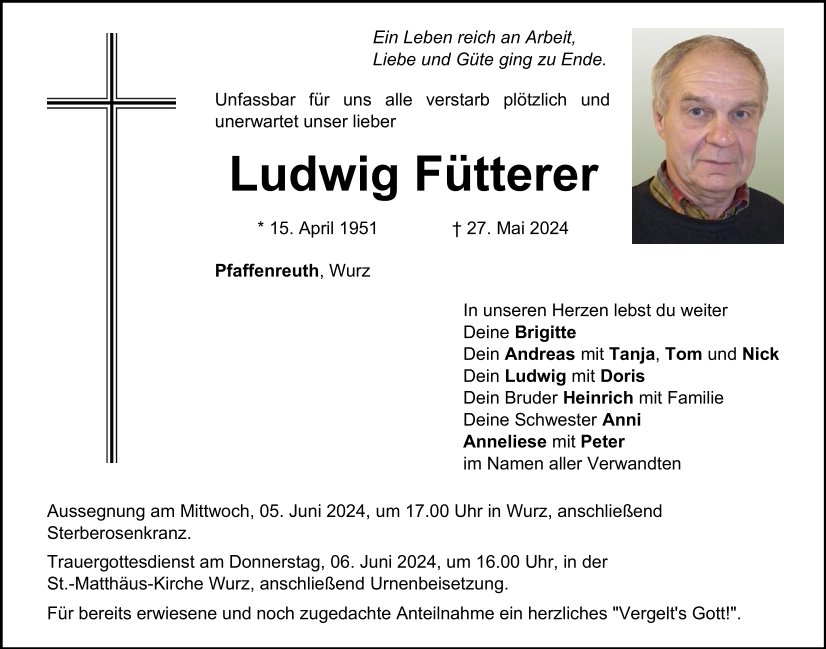 Traueranzeige Ludwig Fütterer, Pfaffenreuth