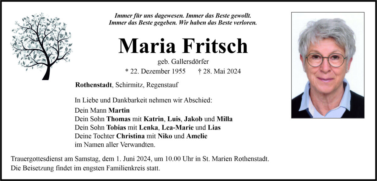 Traueranzeige Maria Fritsch, Rothenstadt
