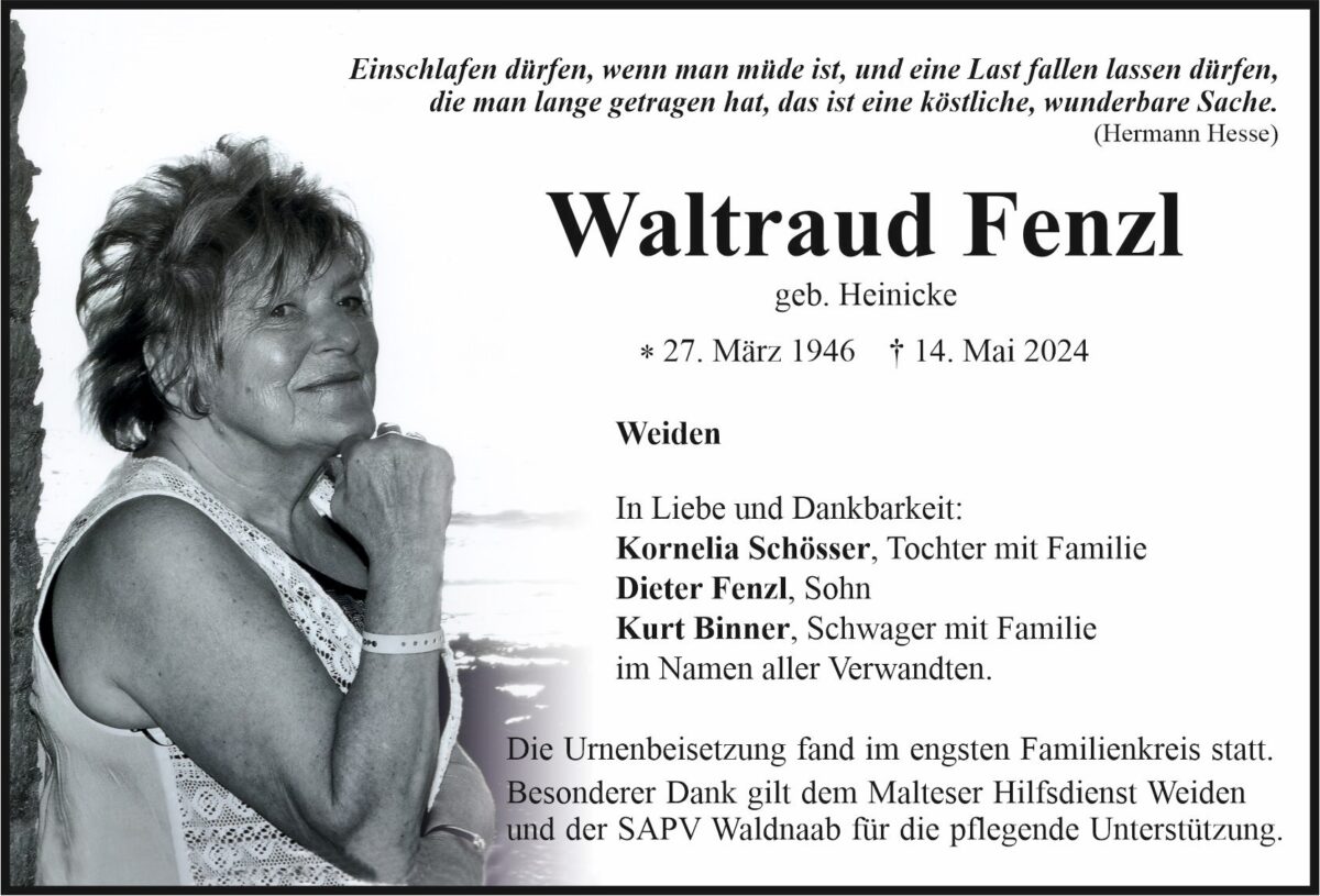 Traueranzeige Waltraud Fenzl, Weiden