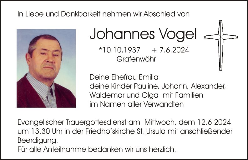 Traueranzeige Johannes Vogel, Grafenwöhr