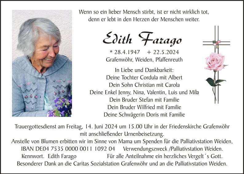 Traueranzeige Edith Farago, Grafenwöhr