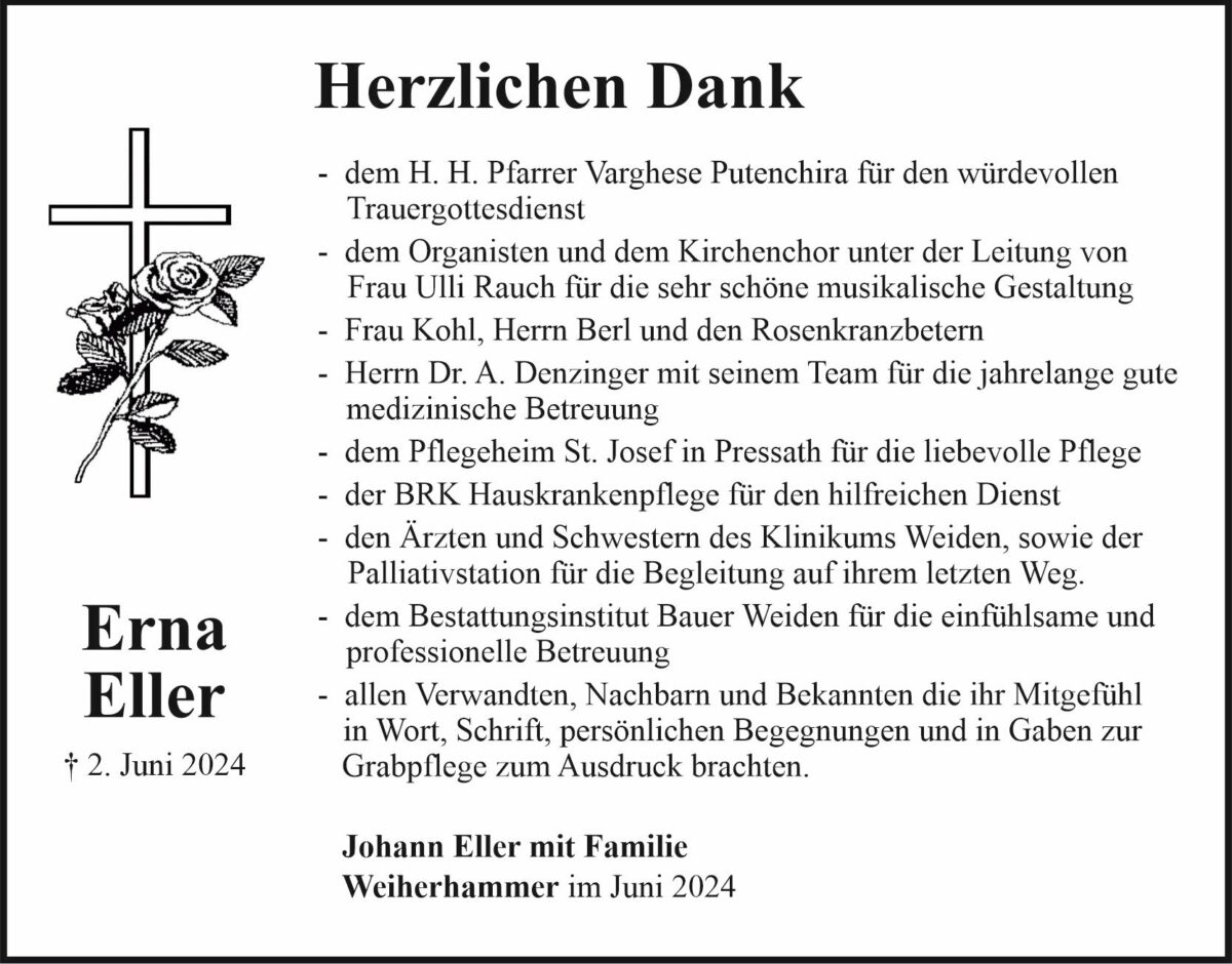 Danksagung Erna Eller, Weiherhammer
