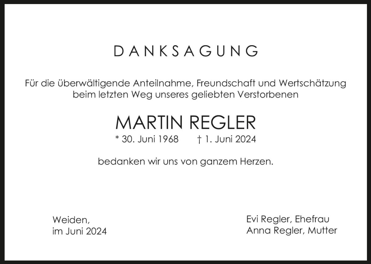 Danksagung Martin Regler, Weiden