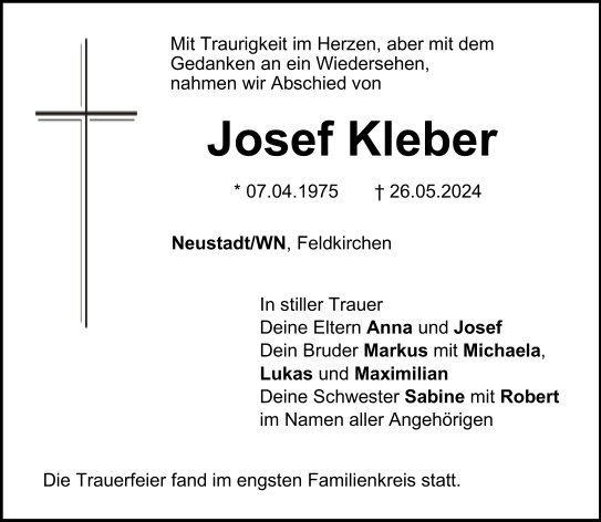 Traueranzeige Josef Kleber, Neustadt/WN