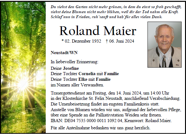 Traueranzeige Roland Maier, Neustadt/WN