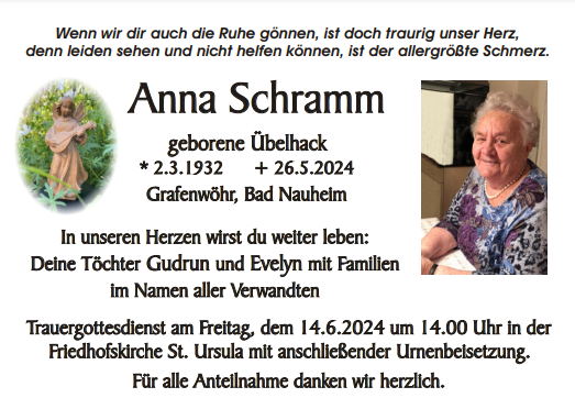 Traueranzeige Anna Schramm, Grafenwöhr