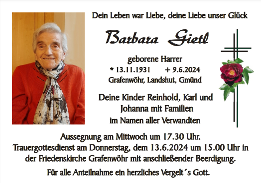 Traueranzeige Barbara Gietl, Grafenwöhr