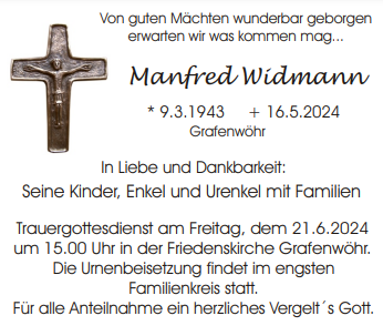 Traueranzeige Manfred Widmann, Grafenwöhr