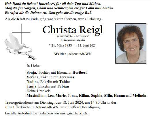 Traueranzeige Christa Reigl, Weiden