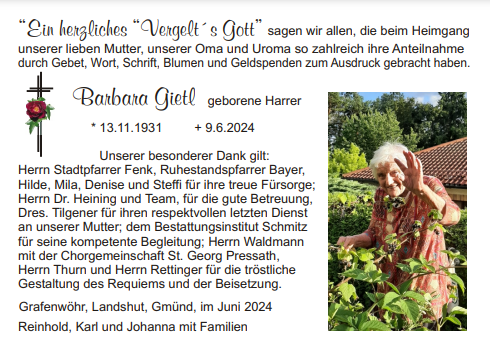 Danksagung Barbara Gietl, Grafenwöhr