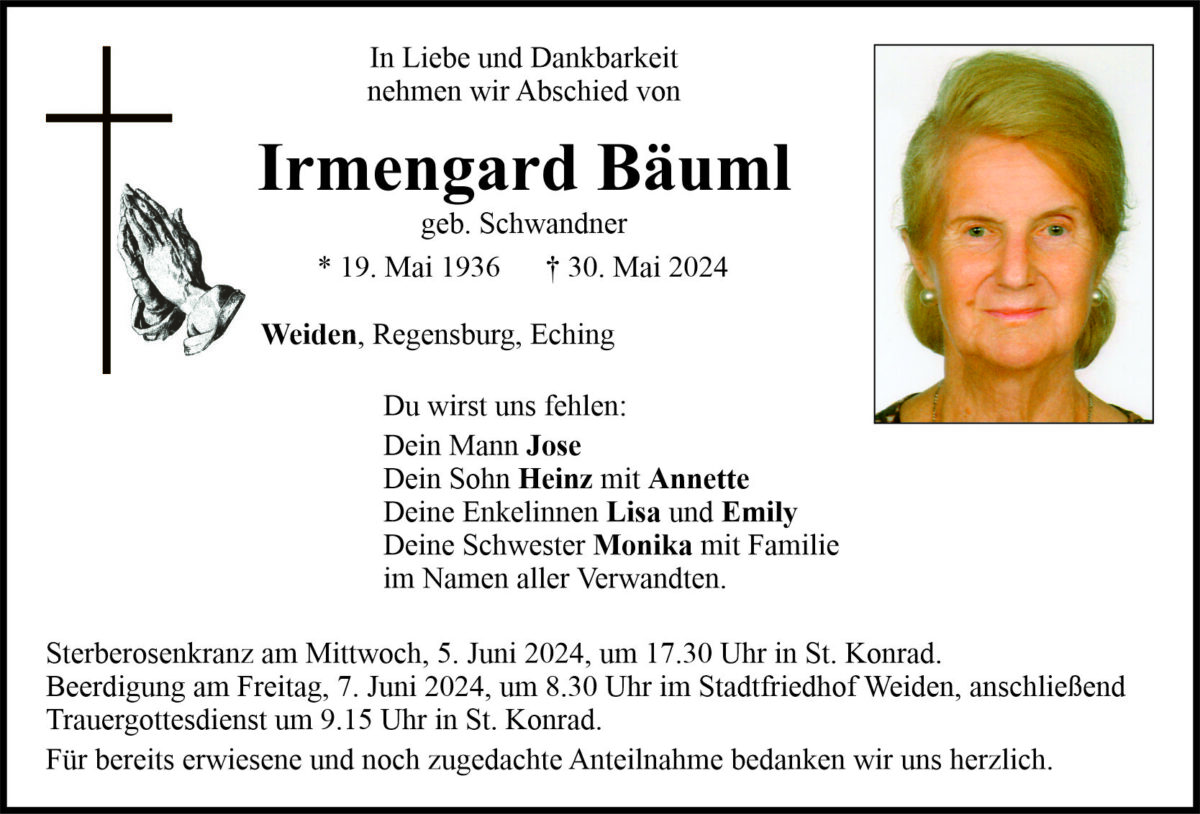Traueranzeige Irmengard Bäuml, Weiden