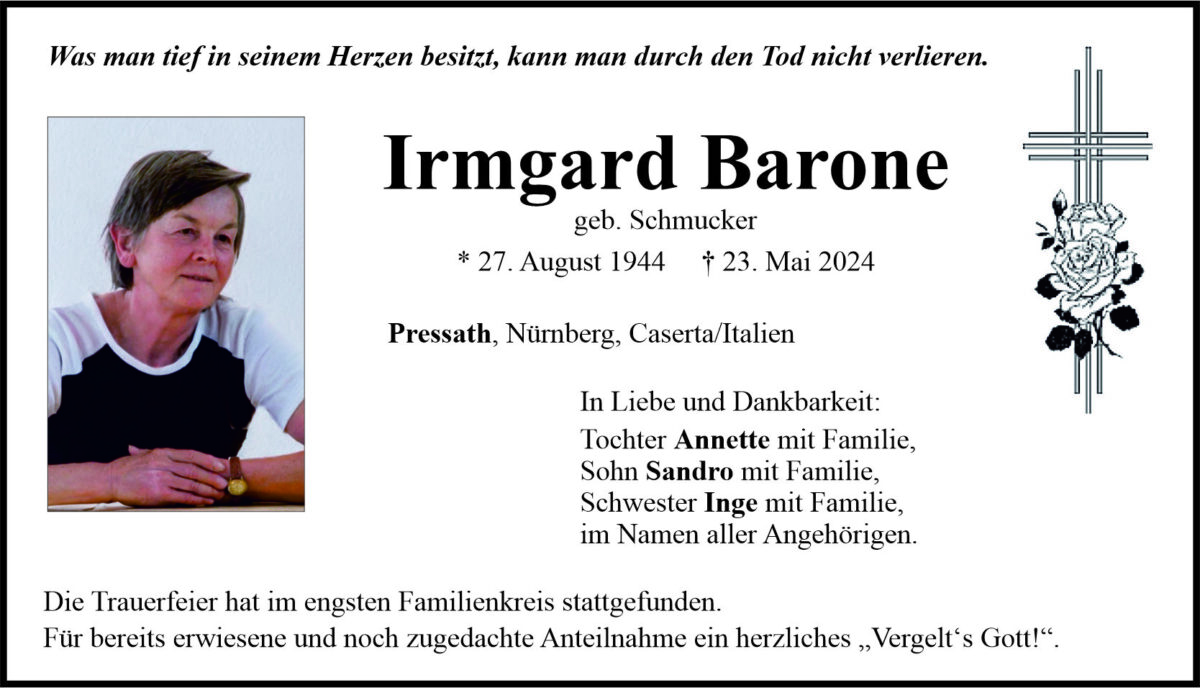Traueranzeige Irmgard Barone, Pressath