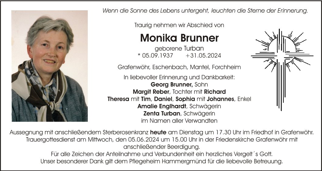 Traueranzeige Monika Brunner, Grafenwöhr