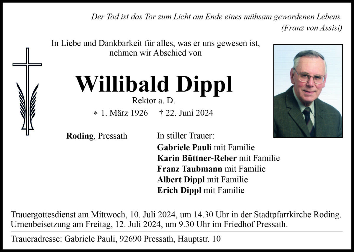 Traueranzeige, Willibald Dippl, Roding