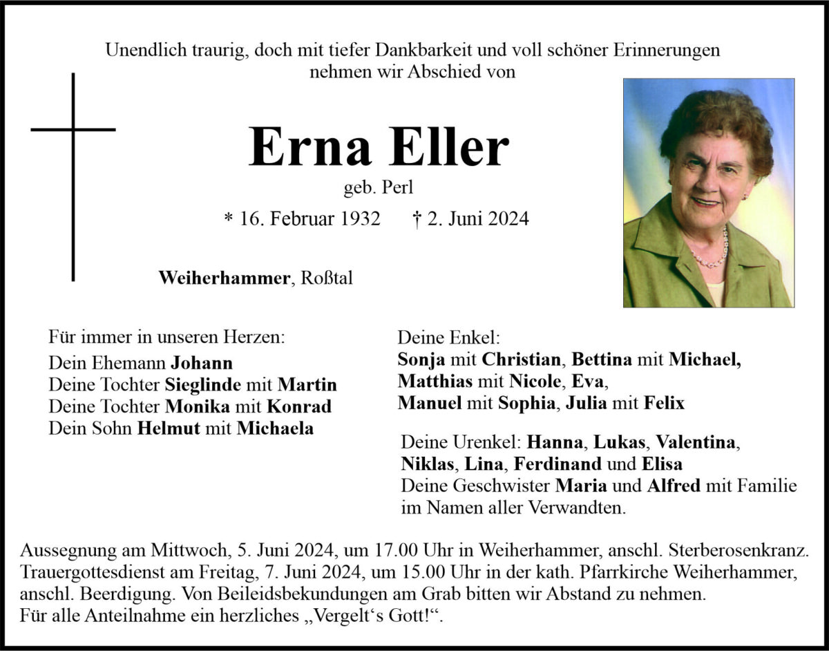 Traueranzeige Erna Eller, Weiherhammer
