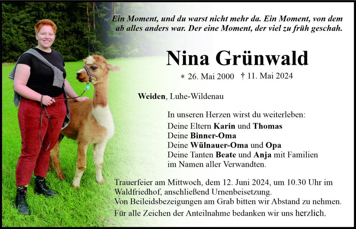 Traueranzeige Nina Grünwald, Weiden