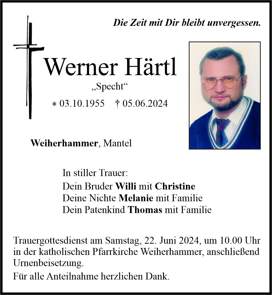 Traueranzeige Werner Härtl, Weiherhammer
