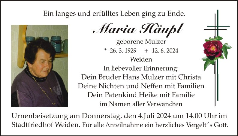 Traueranzeige Maria Häupl, Weiden