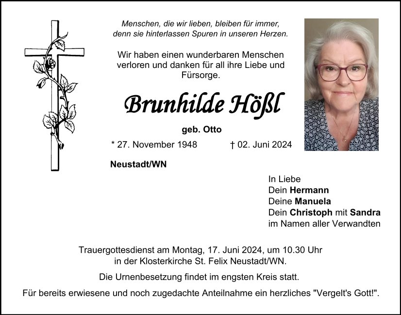 Traueranzeige Brunhilde Hößl, Neustadt/WN