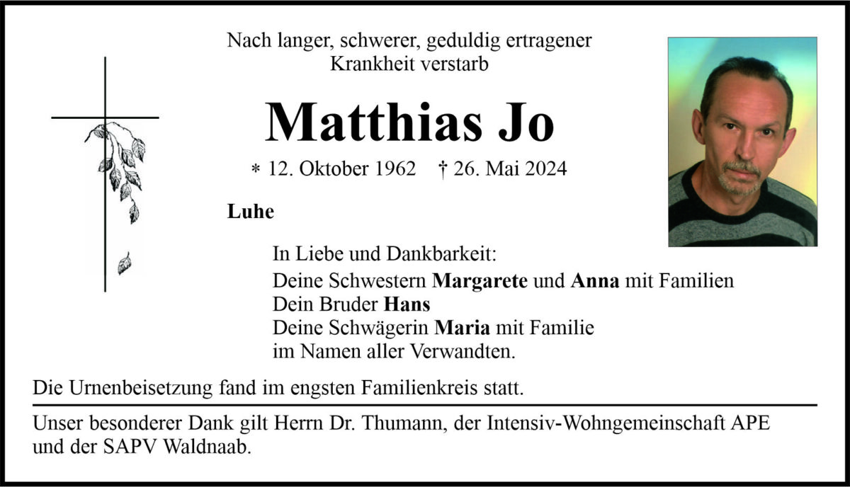Traueranzeige Matthias Jo, Luhe