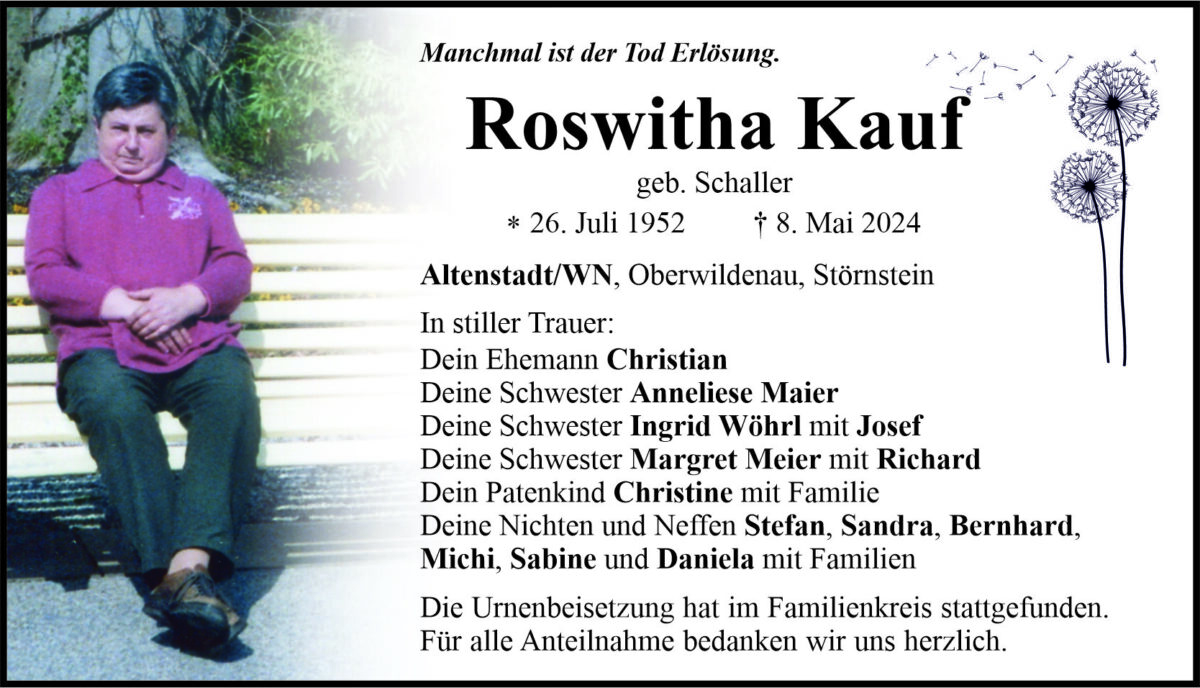 Traueranzeige Roswitha Kauf, Altenstadt/WN