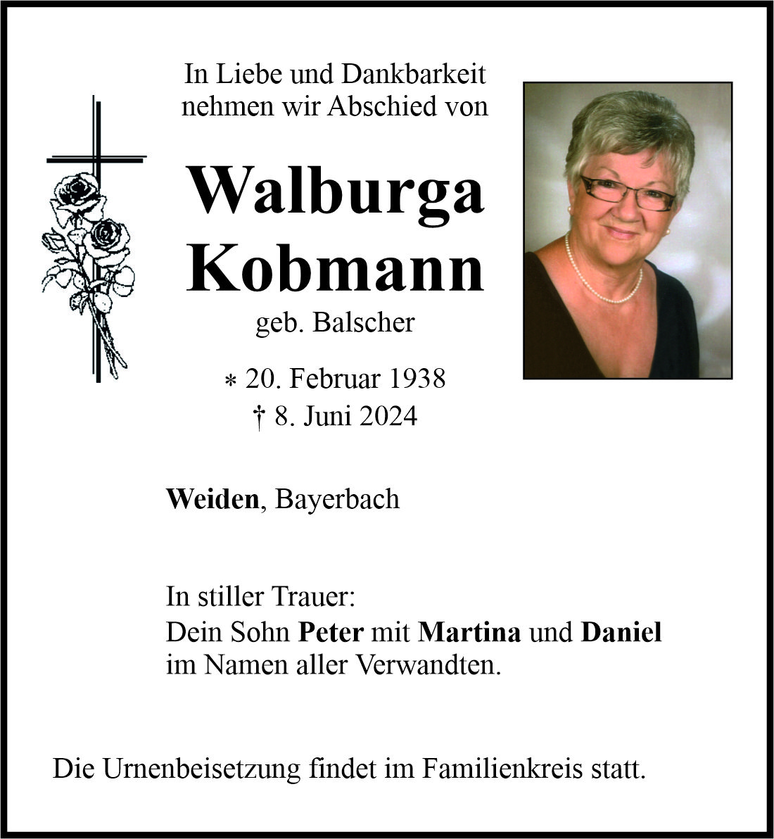 Traueranzeige Walburga Kobmann, Weiden