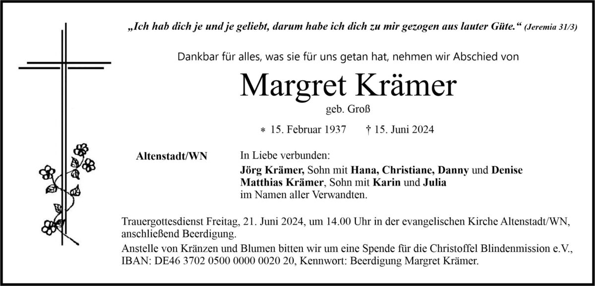 Traueranzeige Margret Krämer, Altenstadt/WN