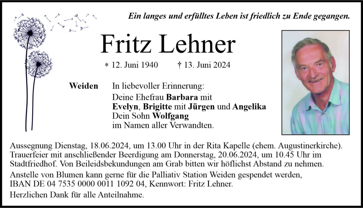 Traueranzeige Fritz Lehner, Weiden