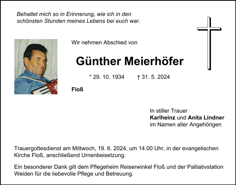 Traueranzeige Günther Meierhöfer, Floß