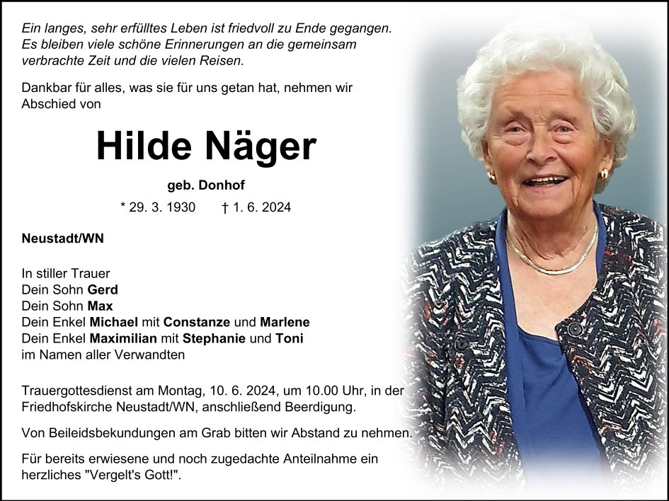 Traueranzeige Hilde Näger, Neustadt/WN